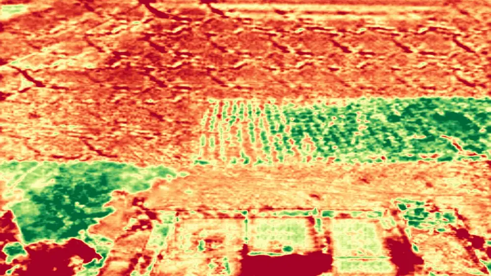 Nabhya vegetation stress map of the same frame, rendered green through yellow to red
